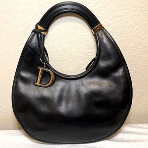 Black leather Christian Dior Hobo X John Galliano bag with gold accents